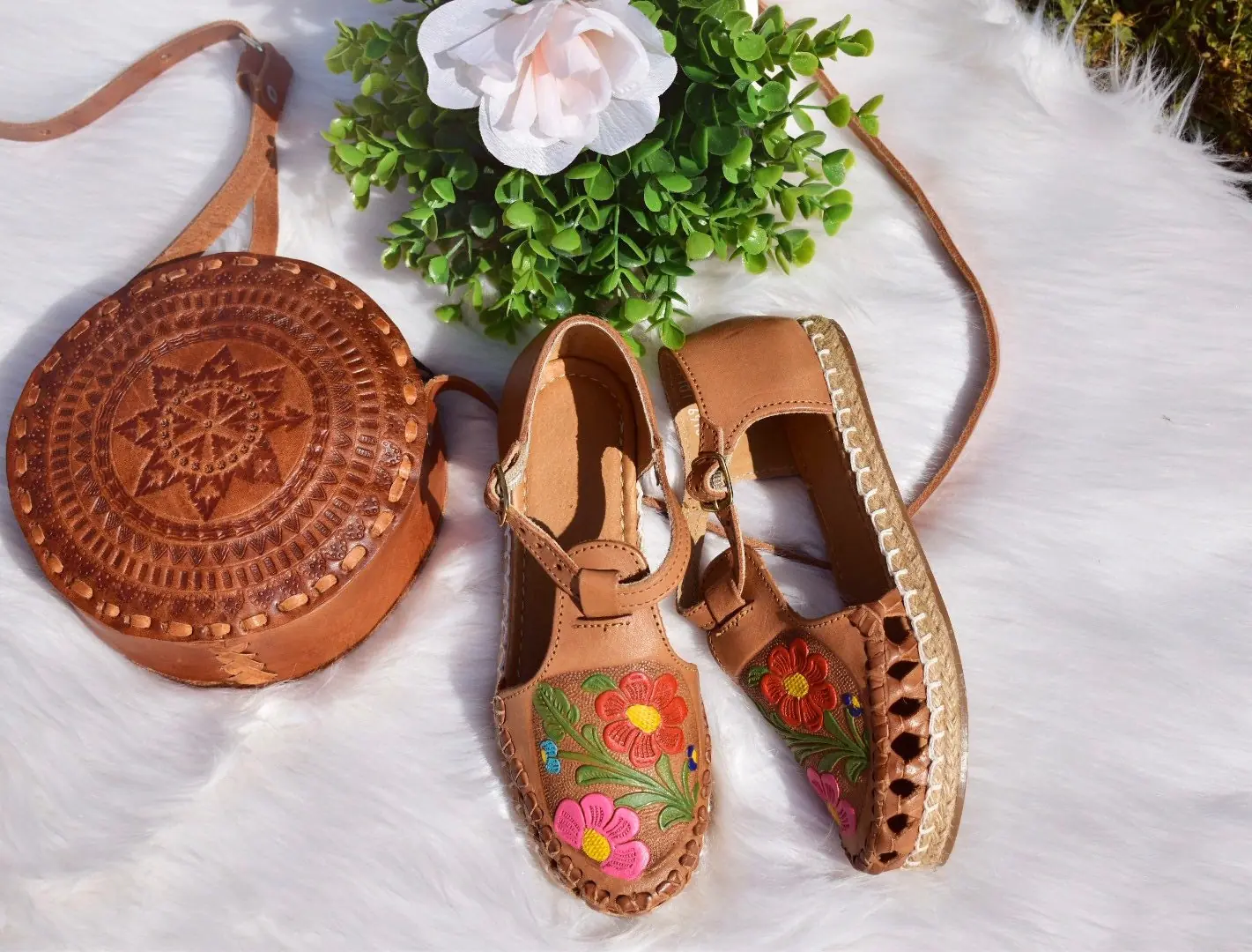 Floral Handpainted Tooled Huarache Shoe Mexican Style Boho