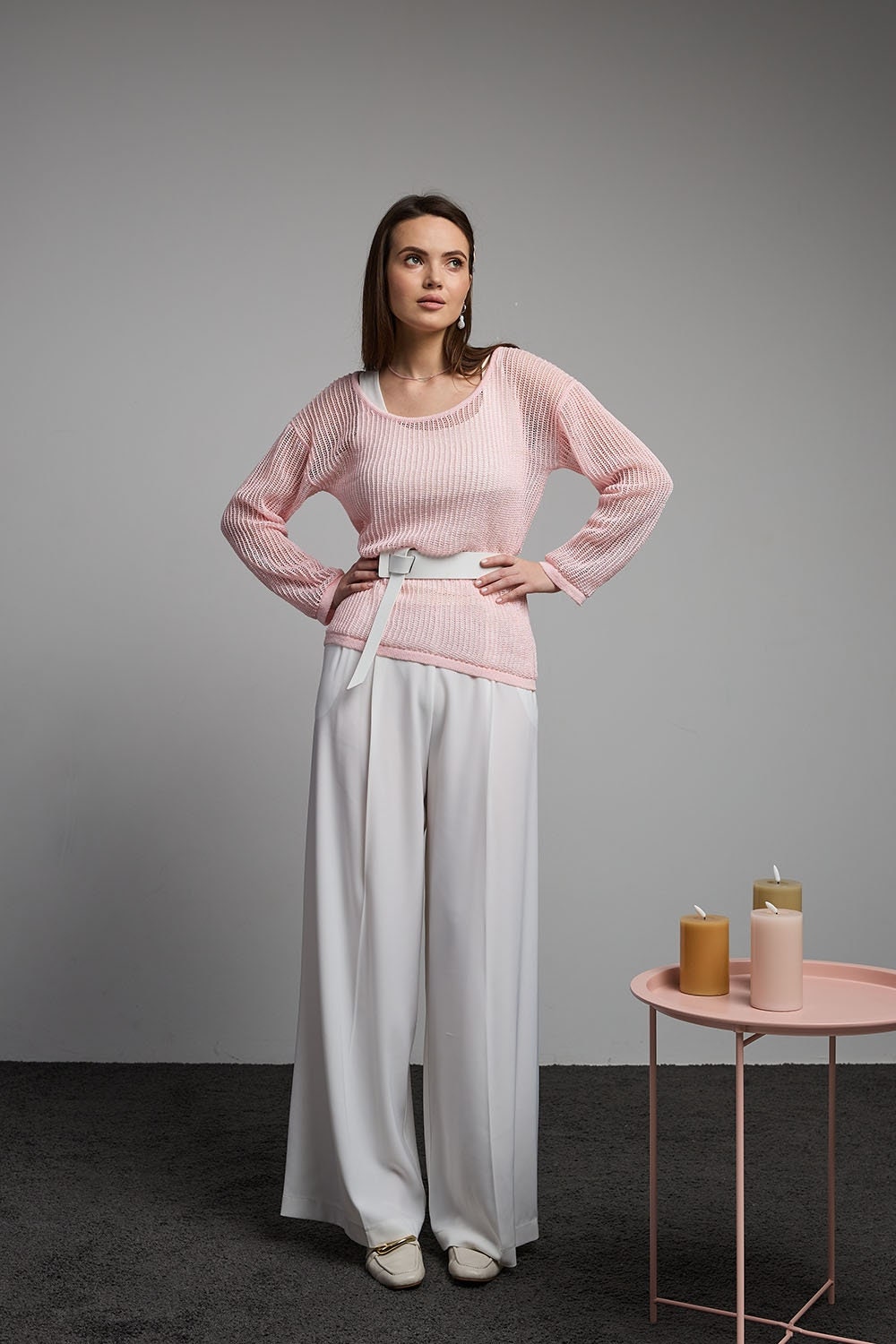 Soft Glossy Sweater Translucent Top Cold Shoulder Long