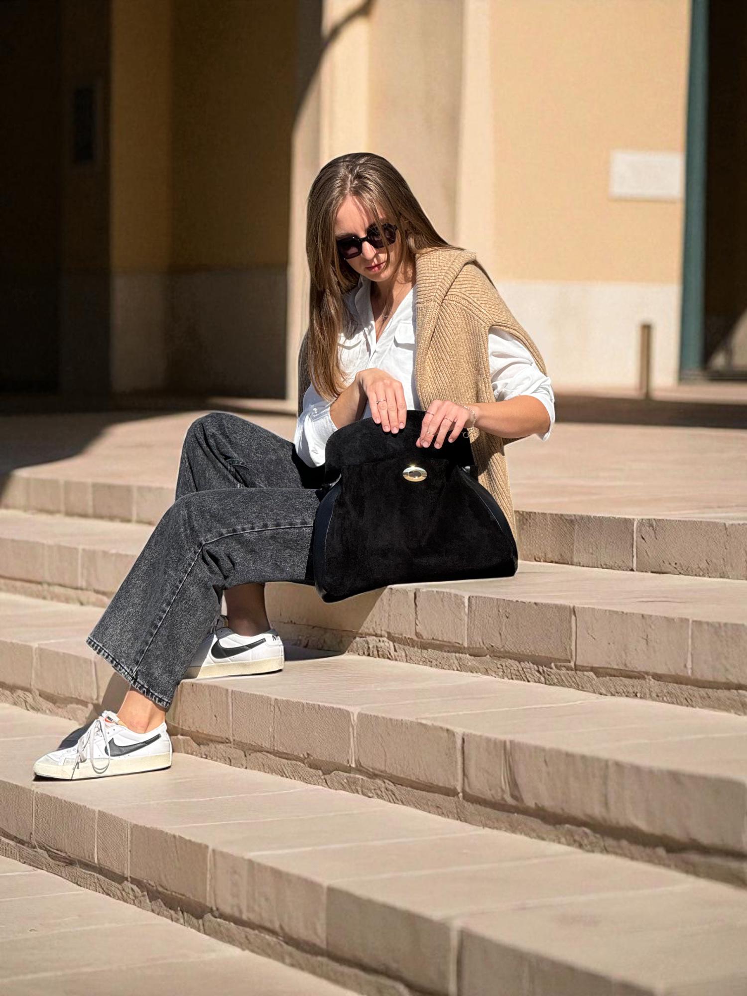 Italian Suede Leather Bag Handmade Top Handle Satchel